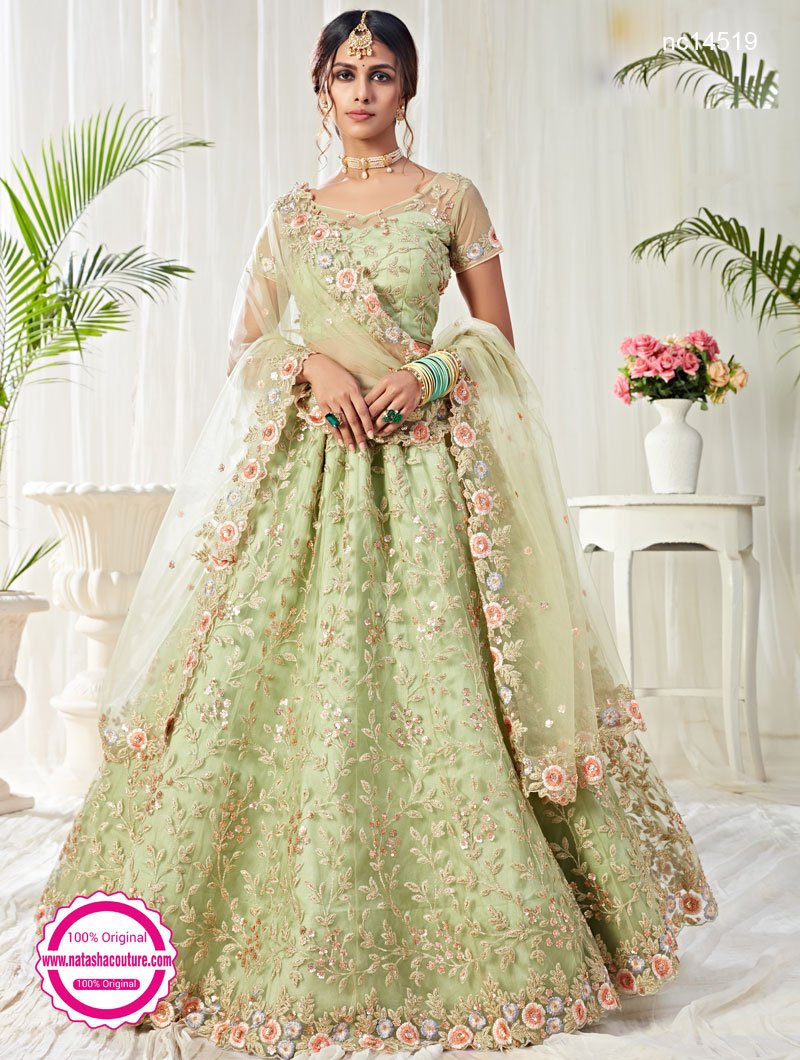 Pastel Green Net ☀ Silk Bridal Lehenga ...